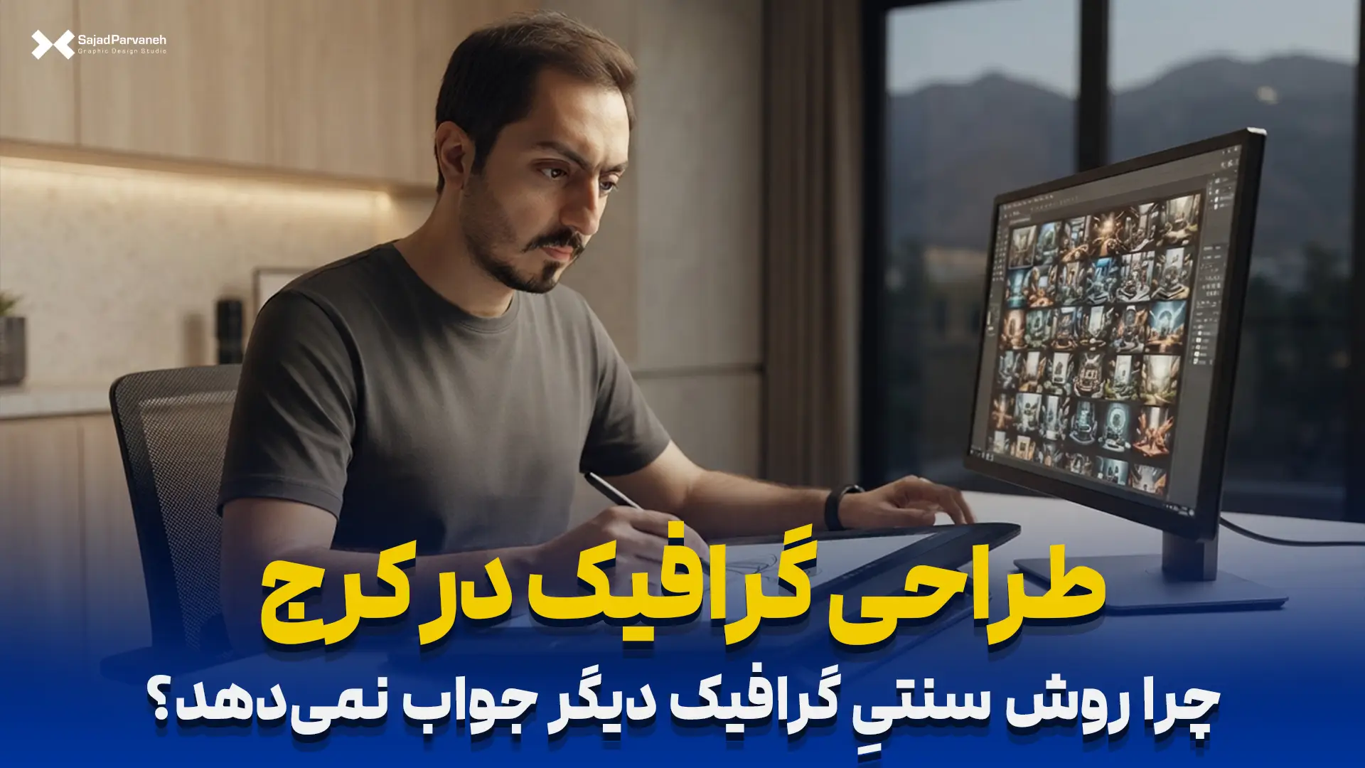 سجاد پروانه در حال ترکیب طراحی دستی و هوش مصنوعی برای هویت بصری کسب‌وکارهای کرج