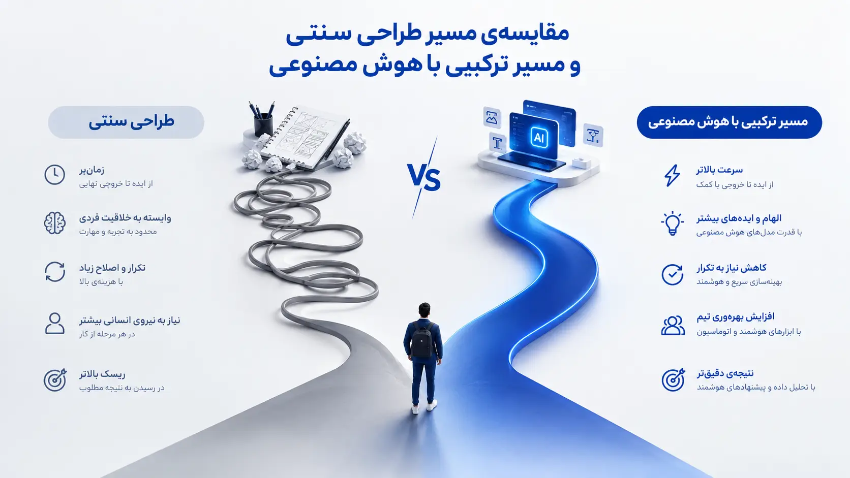 مقایسه‌ی مسیر طراحی سنتی و مسیر ترکیبی با هوش مصنوعی